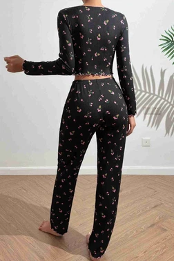 Merry See Baskılı Özel Kumaş Pijama Takımı Siyah Merry See MS4006 Siyah - Alternatif Görünüm