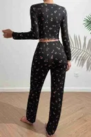 Baskılı Özel Kumaş Pijama Takımı Siyah Merry See MS4006 Siyah Siyah detay görünüm