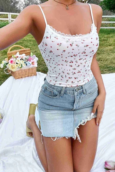 Çiçek Desenli Askılı Atlet Bluz Crop Top Merry See MS 3906 Çok Renkli