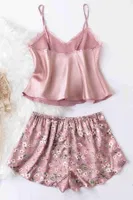 Dantel İşlemeli Çiçek Desenli Pembe Şort Pijama Takımı Merry See MS3260  Pembe detay görünüm