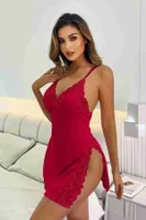 Dantelli Yanlardan Derin Yırtmaçlı Gecelik Kırmızı Merry See MS2394 Kırmızı Kırmızı görsel 4