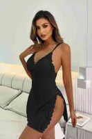 Dantelli Yanlardan Derin Yırtmaçlı Gecelik Siyah Merry See MS2394 Siyah Siyah