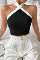 İnci Detaylı Boyundan Bağlamalı Crop Bluz Siyah Merry See MS3911 Siyah Siyah