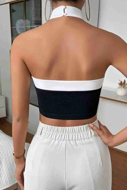 Merry See İnci Detaylı Boyundan Bağlamalı Crop Bluz Siyah Merry See MS3911 Siyah - Alternatif Görünüm