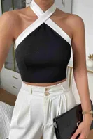 İnci Detaylı Boyundan Bağlamalı Crop Bluz Siyah Merry See MS3911 Siyah Siyah görsel 4