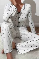 Kalp Baskılı Uzun Kollu Pijama Takımı Beyaz Merry See MS4425 Beyaz Beyaz