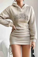 Kapşonlu Yandan Büzgülü Ayarlı Baskılı Uzun Oversize Sweatshirt Elbise Merry See MS3803 Bej Bej