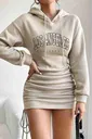 Kapşonlu Yandan Büzgülü Ayarlı Baskılı Uzun Oversize Sweatshirt Elbise Merry See MS3803 Bej