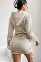 Kapşonlu Yandan Büzgülü Ayarlı Baskılı Uzun Oversize Sweatshirt Elbise Merry See MS3803 Bej Bej farklı açı