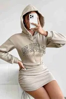 Kapşonlu Yandan Büzgülü Ayarlı Baskılı Uzun Oversize Sweatshirt Elbise Merry See MS3803 Bej Bej görsel 4