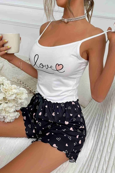 Love Kalp Baskılı Şortlu Pijama Takımı Merry See MS2387 Çok Renkli