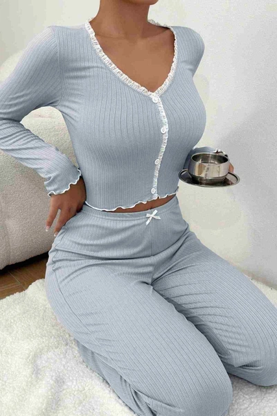 Önden Düğmeli Uzun Kollu Şık Pijama Takımı Mavi Merry See MS4420 Mavi
