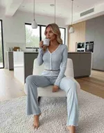 Önden Düğmeli Uzun Kollu Şık Pijama Takımı Mavi Merry See MS4420 Mavi Mavi farklı açı