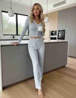 Önden Düğmeli Uzun Kollu Şık Pijama Takımı Mavi Merry See MS4420 Mavi Mavi görsel 4