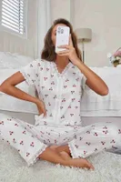 Güpür Dantelli Kiraz Baskılı Kısa Kollu Pijama Takımı Merry See MS2395 Beyaz Beyaz