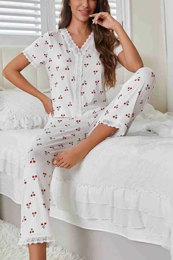 Merry See Güpür Dantelli Kiraz Baskılı Kısa Kollu Pijama Takımı Merry See MS2395 Beyaz - Alternatif Görünüm