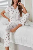 Güpür Dantelli Kiraz Baskılı Kısa Kollu Pijama Takımı Merry See MS2395 Beyaz Beyaz detay görünüm