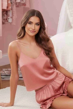 Merry See Saten Şortlu Takım Pembe MS2308