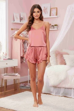 Merry See Saten Şortlu Takım Pembe MS2308 - Alternatif Görünüm