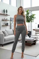 Merry See Tek Renk 1 Takım Kolsuz Polarlı Alt Üst Pijama Takımı MS 40819 Gri Gri
