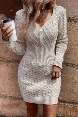 Merry See Uzun Kollu Fermuarlı Triko Örme Mini Elbise Bej Merry See MS3802 Bej