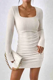 Merry See Uzun Kollu Özel Kumaş Mini Elbise Bej Merry See MS2958 Bej