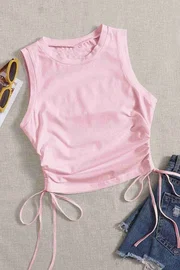 Merry See Yanları Büzgülü Kolsuz Bluz Crop Top Atlet Pembe Merry See MS3903