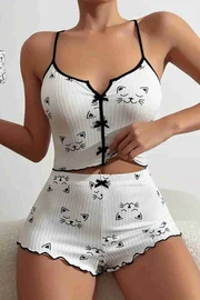 Merry See Yavru Kedi Baskılı Askılı Şortlu Pijama Takımı Beyaz Merry See MS2382 Beyaz