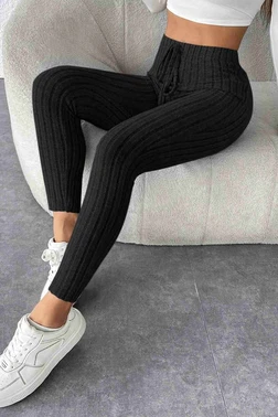 Merry See Fitilli Yüksek Bel Özel Kumaş Tayt Siyah Merry See MS4001 Siyah