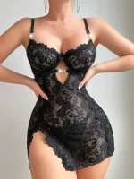 Metal Aksesuarlı Dantel Siyah Fantazi Gecelik Takım Real Passione 4067 Siyah farklı açı