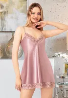 İnce Askılı Yandan Yırtmaçlı Saten Gecelik Miss Laris 2082 Pudra