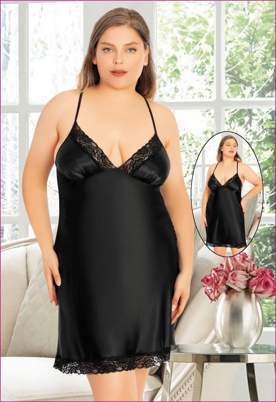 Siyah Dantel Kenarlı Büyük Beden Saten Gecelik Miss Laris 4028