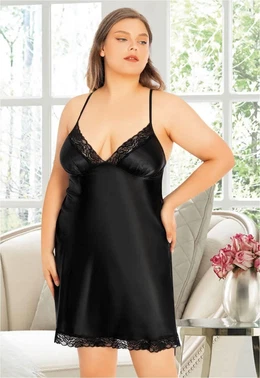 Miss Laris Siyah Dantel Kenarlı Büyük Beden Saten Gecelik Miss Laris 4028 - Alternatif Görünüm