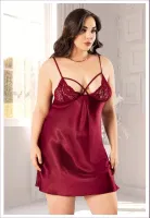 Bordo İpli Dekolteli Battal Beden Saten Gecelik Miss Laris 4037 Bordo