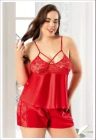 Battal Beden Kadın Saten Şortlu Takım Miss Laris 4227 Kırmızı