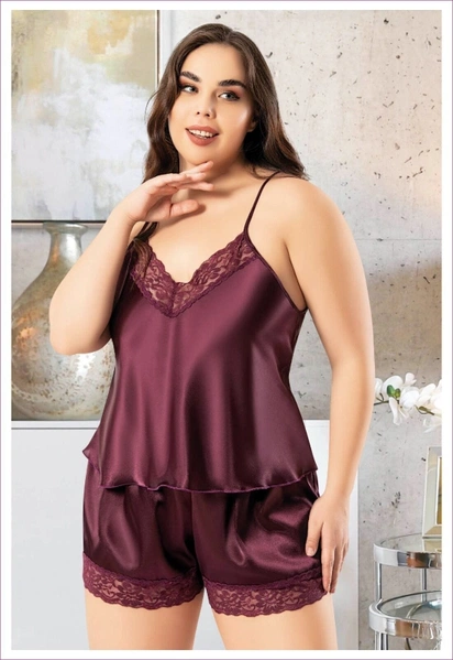 Ayar Askılı Dantelli Büyük Beden Saten Şortlu Takım Miss Laris 4228