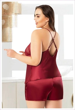 Miss Laris Sırtı Çapraz Askılı Büyük Beden Saten Şortlu Pijama Takım Miss Laris 4231 - Alternatif Görünüm