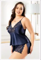 Lacivert Büyük Beden Kadın Saten Şortlu Takım Miss Laris 4243 Lacivert