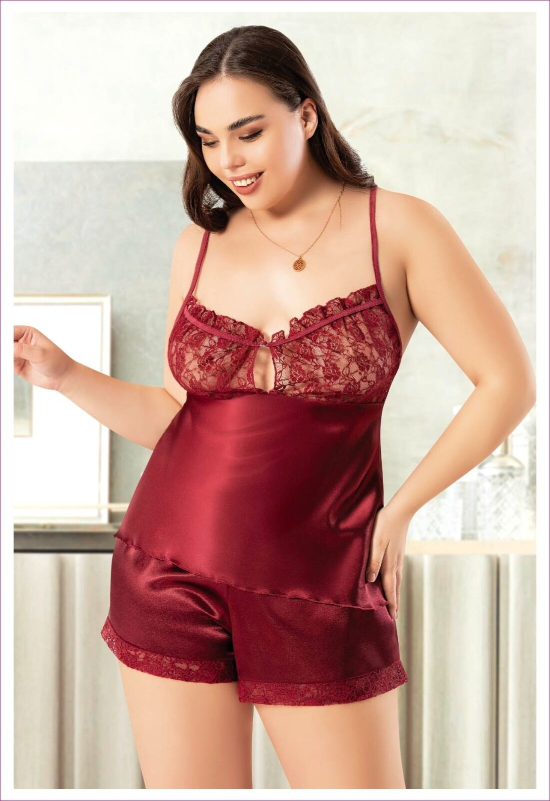 Dantelli İnce Askılı Büyük Beden Saten Şortlu Takım Miss Laris 4244