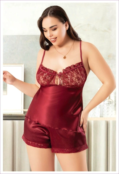 Dantelli İnce Askılı Büyük Beden Saten Şortlu Takım Miss Laris 4244