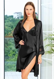 Miss Laris Yandan Yırtmaçlı Saten Gecelik Sabahlık Takım Miss Laris 5054