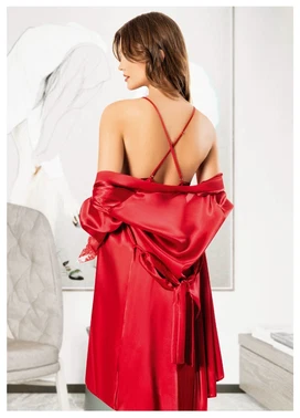 Miss Laris Asimetrik Kesim Fırfırlı Saten Kadın Sabahlık Gecelik Takım Miss Laris 5063 - Alternatif Görünüm