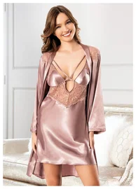 Miss Laris Göğüs Dekolteli Dantelli Saten Gecelik Sabahlık Takım Miss Laris 5071