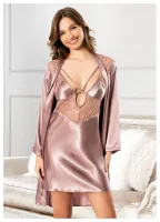Göğüs Dekolteli Dantelli Saten Gecelik Sabahlık Takım Miss Laris 5071 Görsel detay görünüm