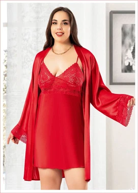 Miss Laris Battal Beden Dantelli Saten Sabahlık Gecelik Takım Miss Laris 6007 - Alternatif Görünüm
