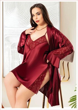 Miss Laris Derin Yırtmaçlı Büyük Beden Bayan İkili Saten Gecelik Takım Miss Laris 6010