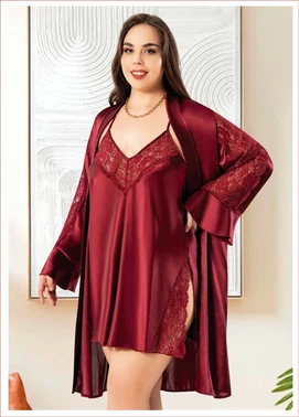 Miss Laris Derin Yırtmaçlı Büyük Beden Bayan İkili Saten Gecelik Takım Miss Laris 6010 - Alternatif Görünüm