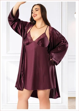 Miss Laris Büyük Beden Dantelli Saten Gecelik Sabahlık Takım Miss Laris 6013 - Alternatif Görünüm
