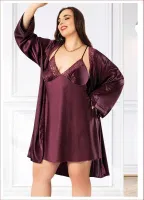 Büyük Beden Dantelli Saten Gecelik Sabahlık Takım Miss Laris 6013 Görsel detay görünüm