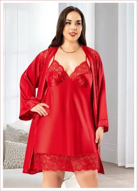 Miss Laris Sabahlıklı Battal Beden Kırmızı İkili Saten Takım Miss Laris 6017